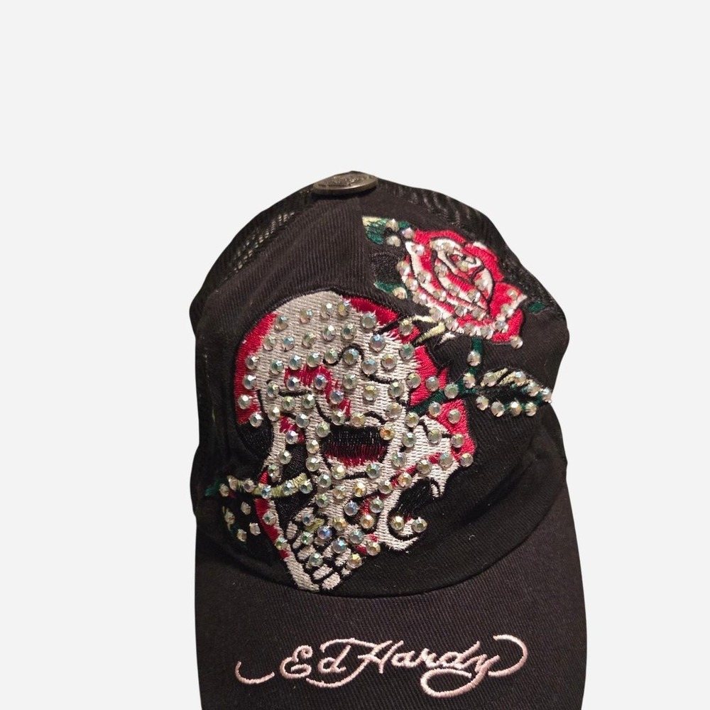 Ed Hardy Black Truckers hat with Rhinestone Skull and Rose